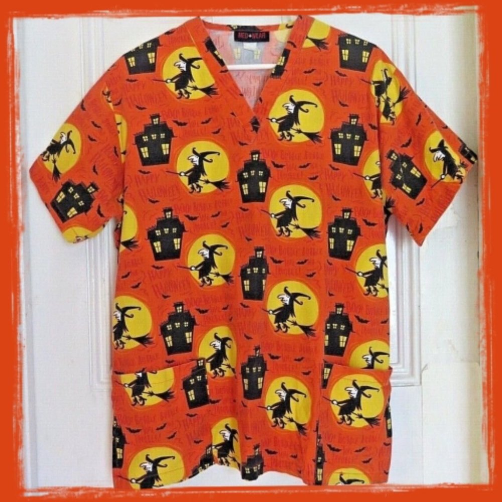 New Plus Size Med + Wear Halloween Themed Unisex Witchy Scrub Top